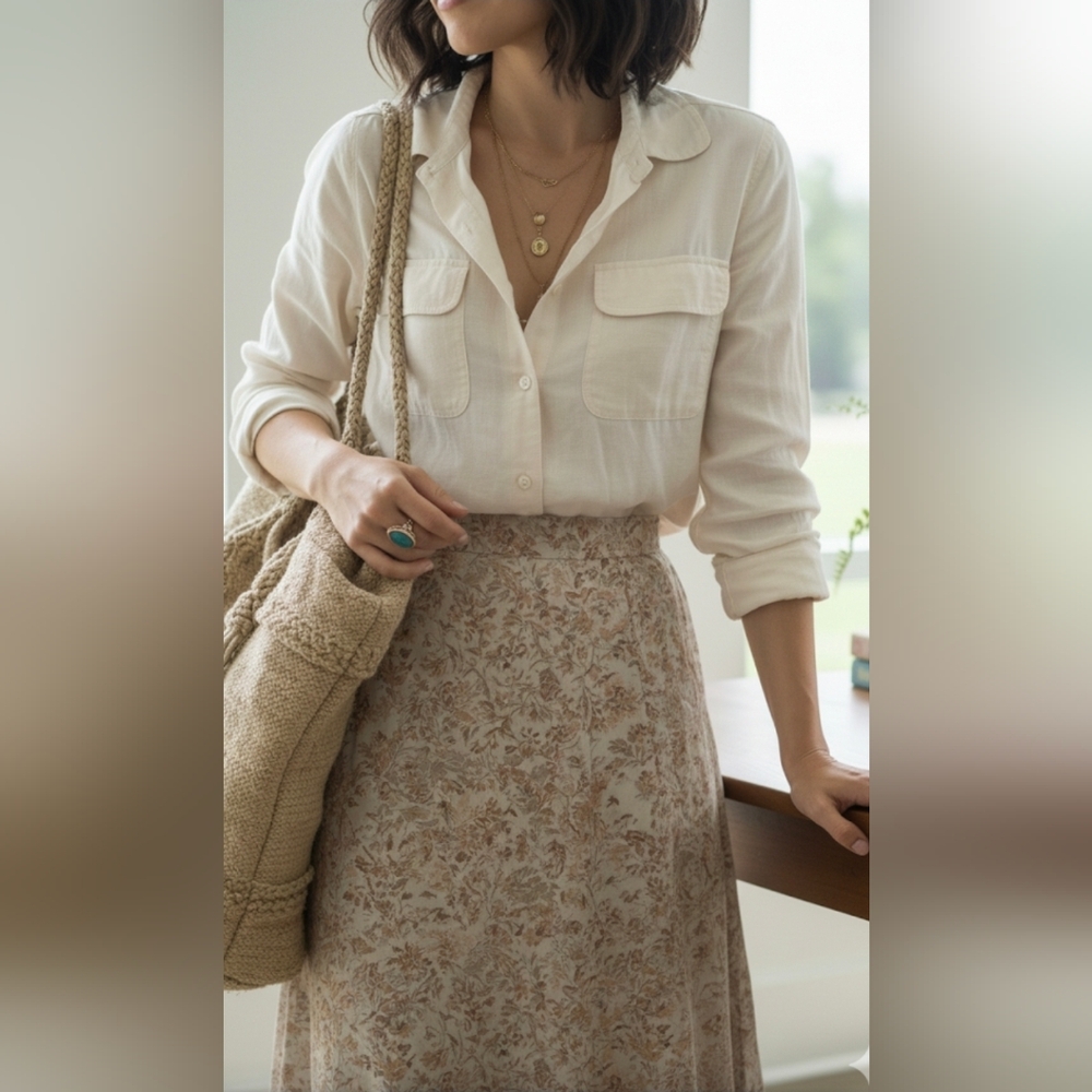 City Silk WoMen's Cream Button-Up Shirt Sz S OFFICE‎ BOHO NEUTRAL CASUAL FORMAL